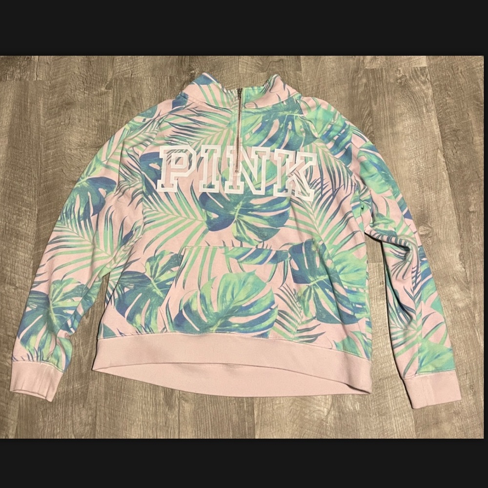 Women’s PINK Quarter Zip Pink with Tropical Leaves Size Large